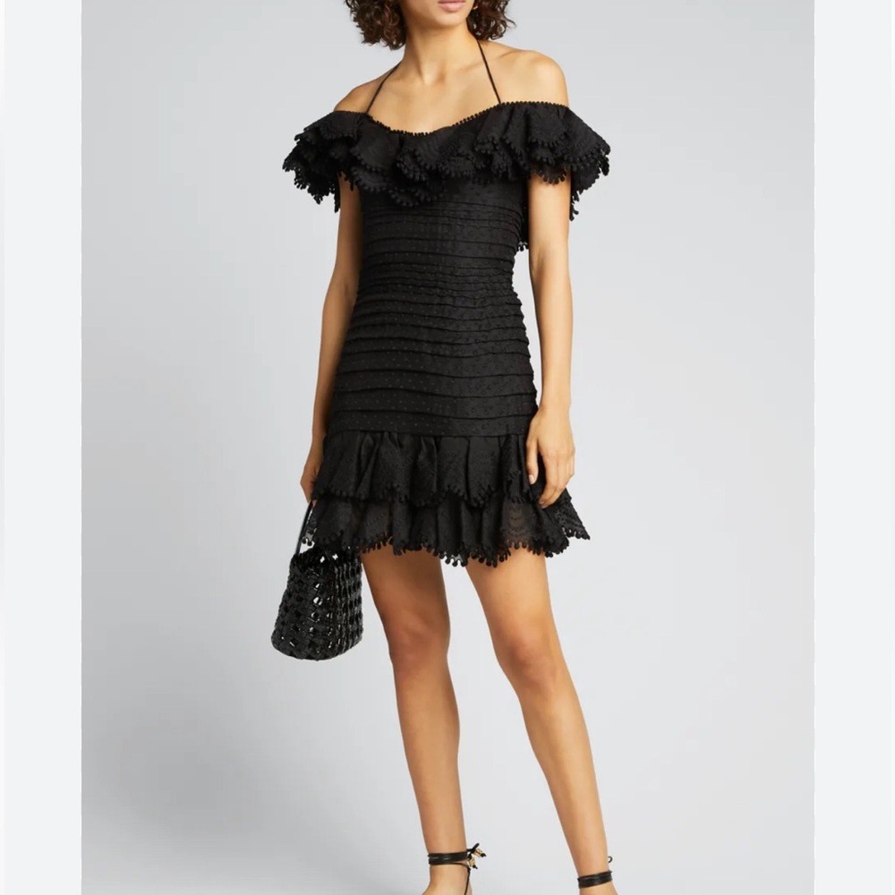 Black Zimmermann Super Eight Off-Shoulder Halterneck Short cold-shoulder mini